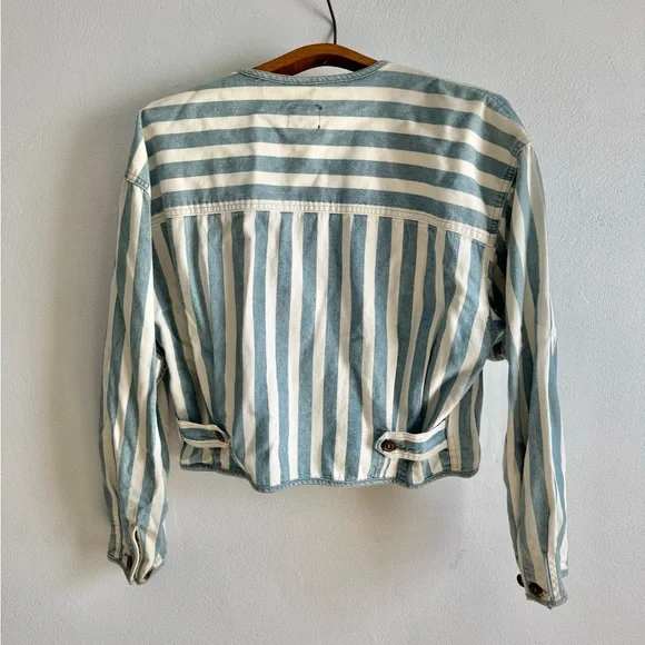 Li2 Wear Striped Blue and White Denim Bomber Jacket Button up Vintage Womens L - Picture 3 of 5